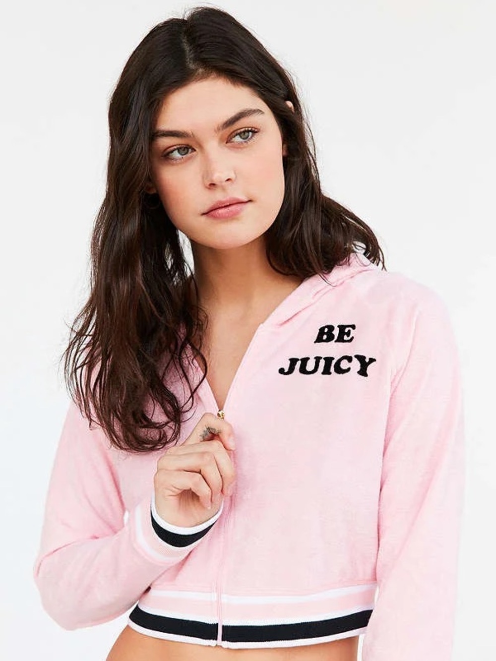 Juicy Couture x Urban Outfitters Pink 'Be Juicy' Hooded Zip Crop Sweatshirt SZ S